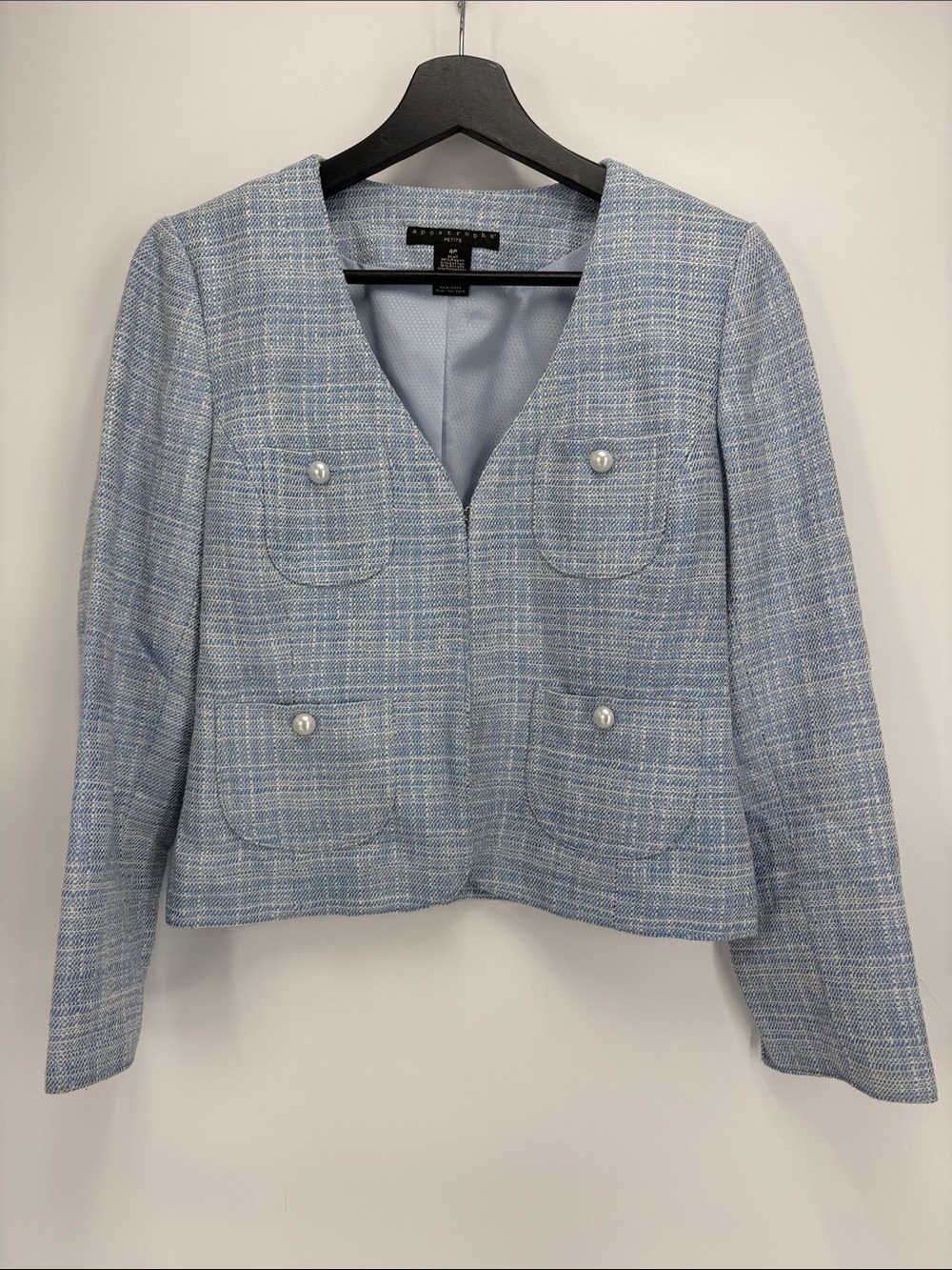 🤡 Apostrophe Light Blue Tweed Pearl-Button Cropped Blazer